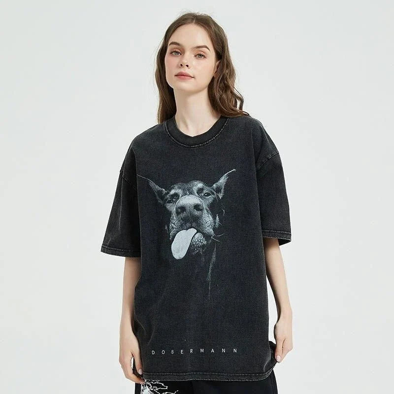 Oversized vintage-style hip hop streetwear t-shirt with a bold Doberman dog graphic, made from premium 100% cotton for all-day comfort and a relaxed, urban look.