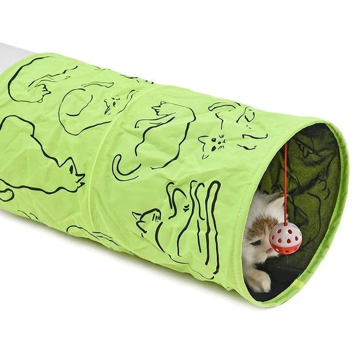Green nylon cat tunnels with soft cloth material, designed to stimulate a cat's natural curiosity and provide hours of enrichment and entertainment.