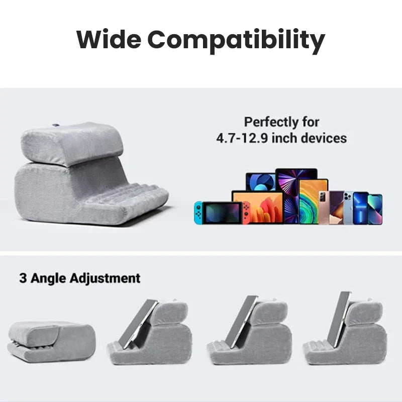Adjustable tablet and phone stand with foldable, portable design for hands-free viewing on any surface