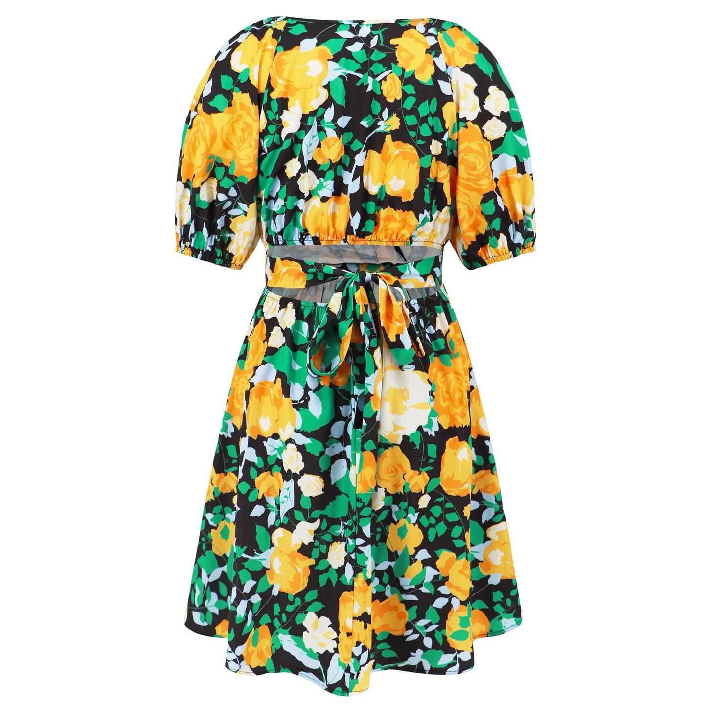 Stylish lantern-sleeve v-neck beach dress in vibrant summer colours, featuring a flattering fit and comfortable stretch fabric