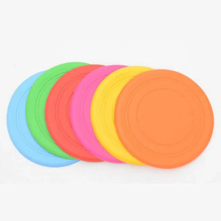 Colourful silicone frisbee dog toy with flexible, durable construction for energetic playtime