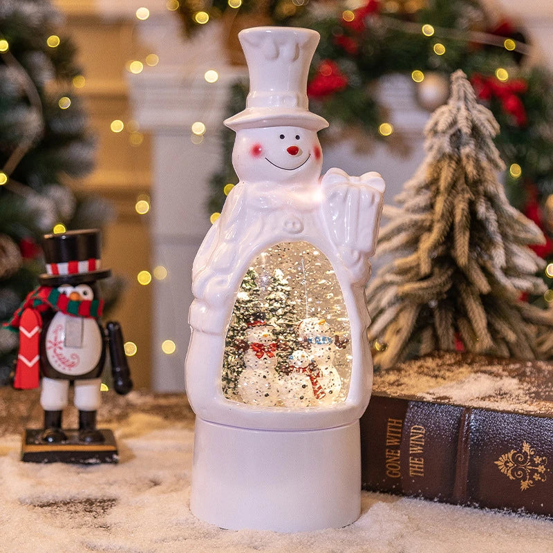 Charming Christmas decoration snowman music box with ambient lighting, creating a cosy winter wonderland atmosphere