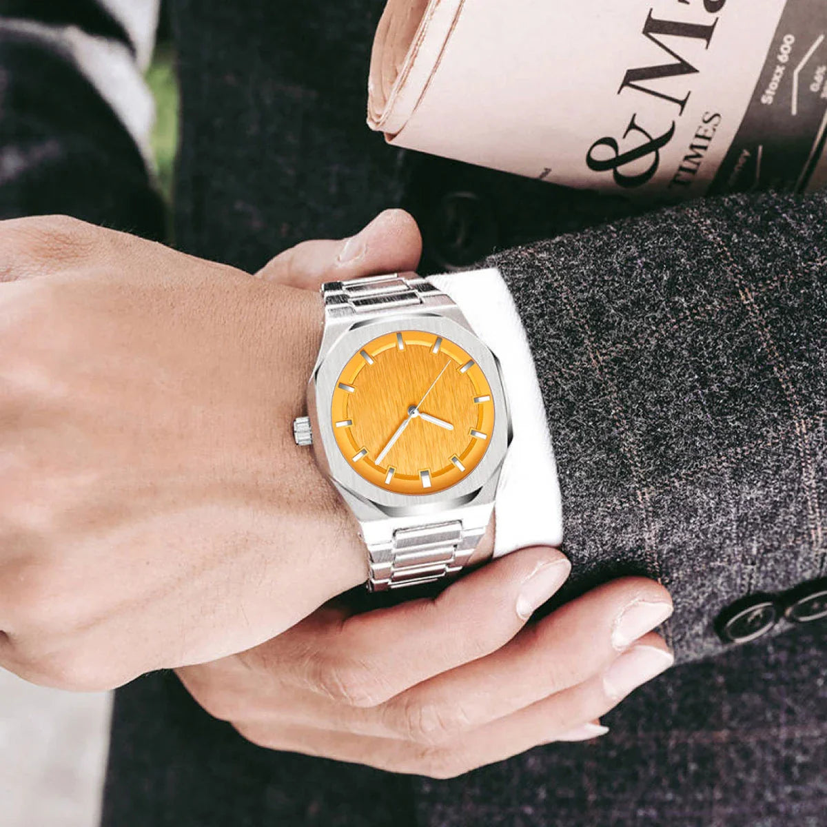 Sophisticated octagonal dial men's watch with stainless steel case and mineral-reinforced glass crystal