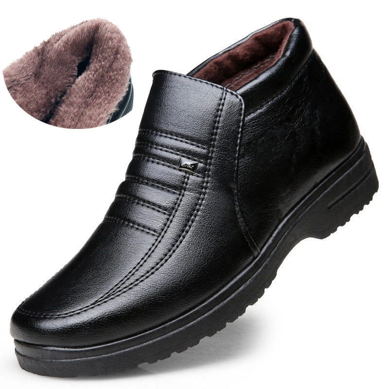 Premium cotton leather men's ankle boots in black and brown, featuring plush lining and durable rubber sole for warmth and stability in cold weather