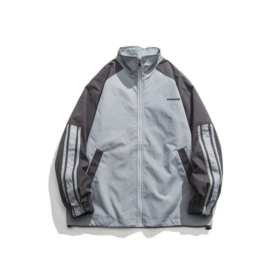 A stylish autumn-winter striped bomber jacket with lantern sleeves for women