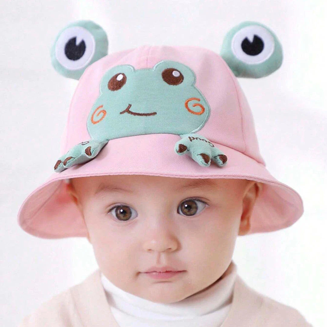 Charming frog-themed baby sun hat made from soft, breathable cotton with UPF 50+ sun protection