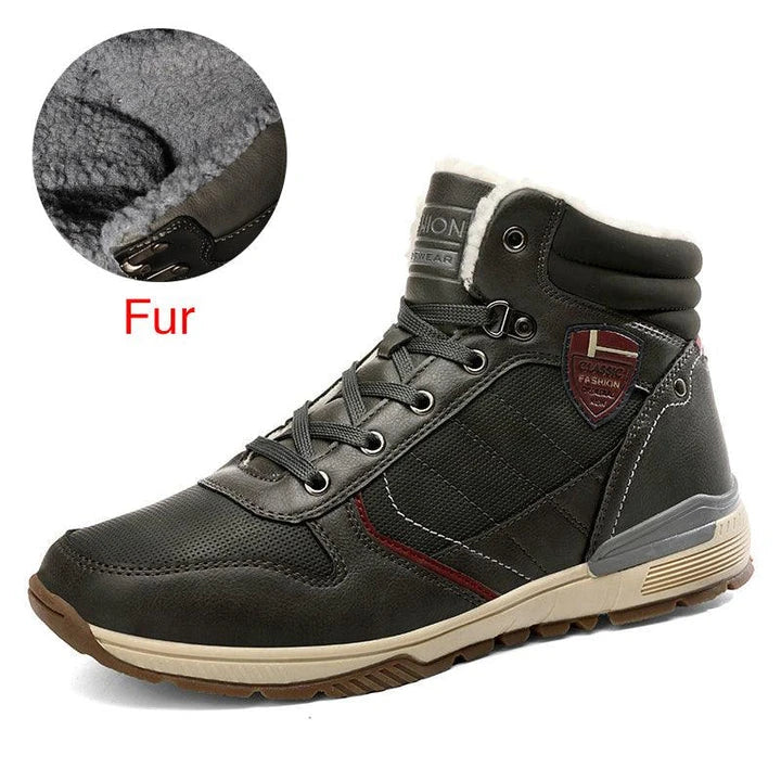 A pair of warm, comfortable men's winter boots with a plush lining and lace-up design, suitable for cold weather wear.
