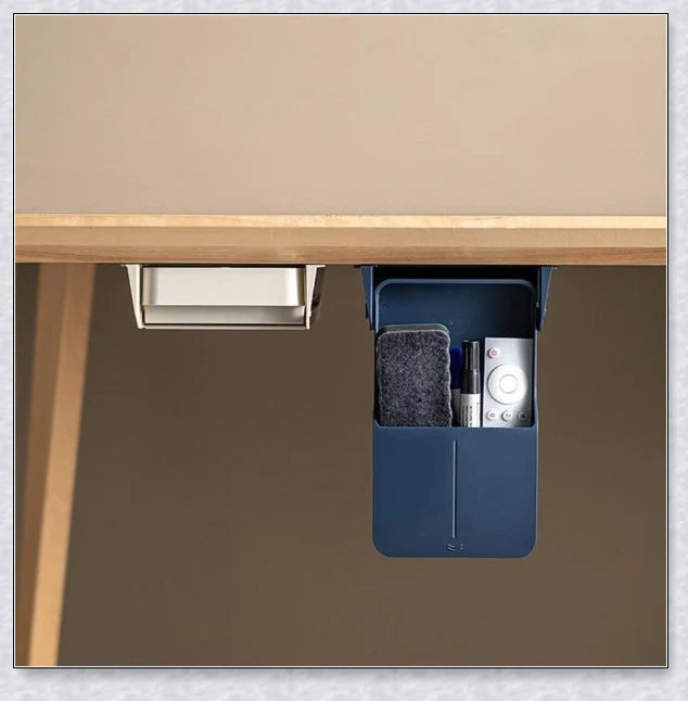 Discreet hidden under-desk storage drawer for pens, pencils, and other office supplies