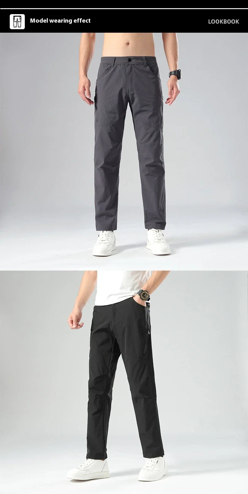 Weatherproof outdoor trousers for men in black, gray, and green colours with adjustable waistband and reinforced panels