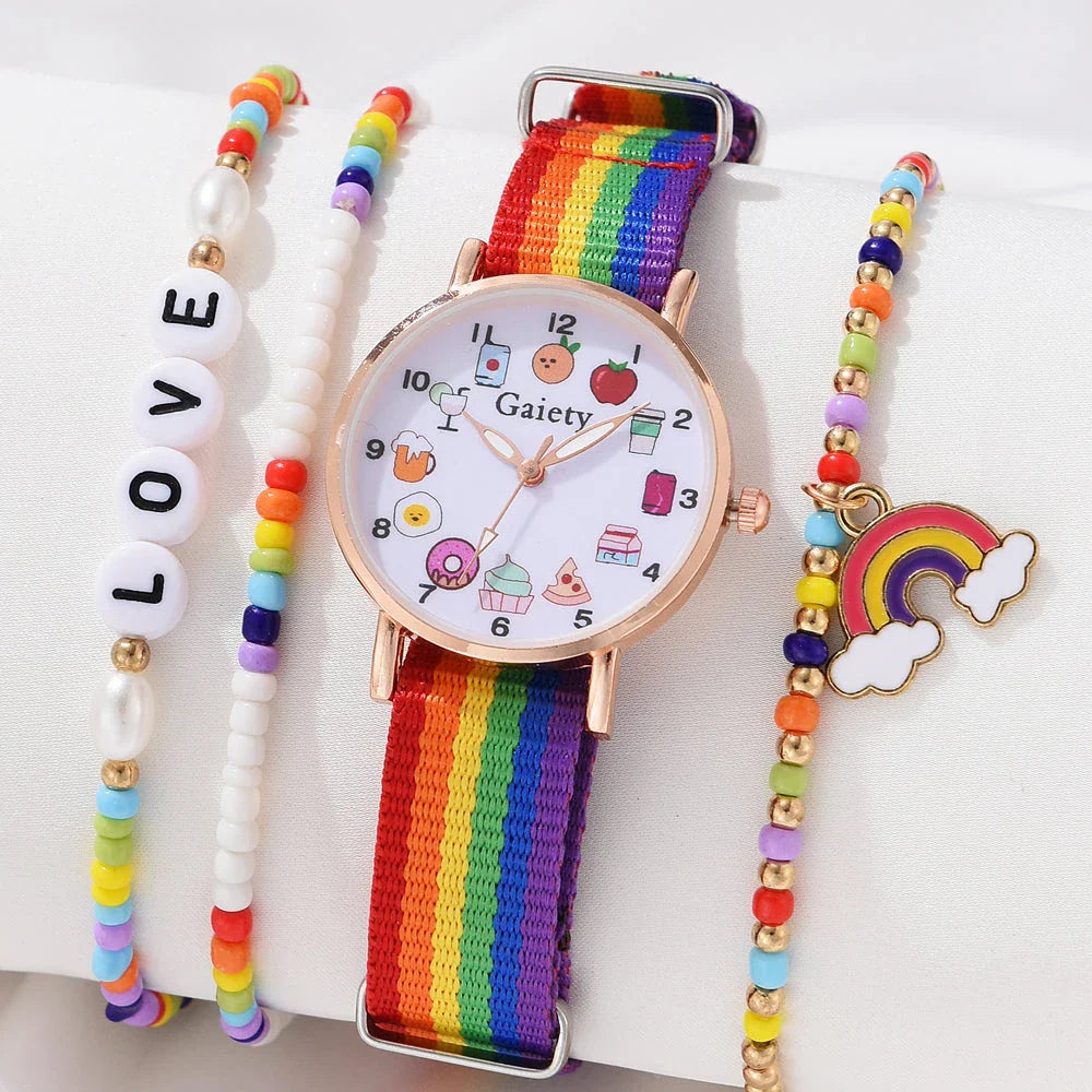 A stylish rainbow-coloured women's wristwatch with a quartz movement and an alloy case for elegant and durable design.