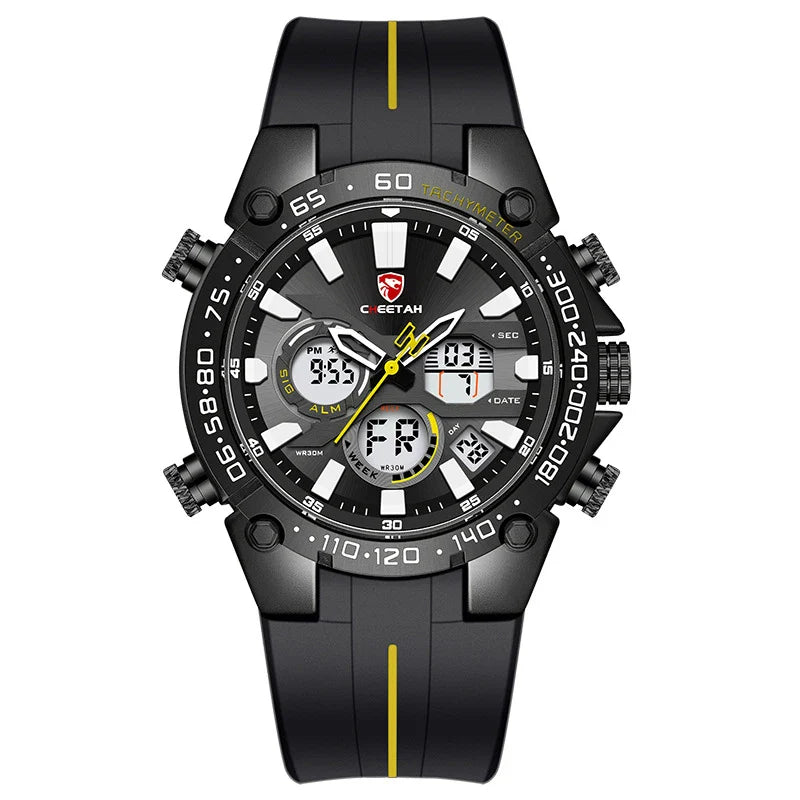 Multifunctional men's waterproof quartz watch with stainless steel case and silicone strap in rose gold black colour
