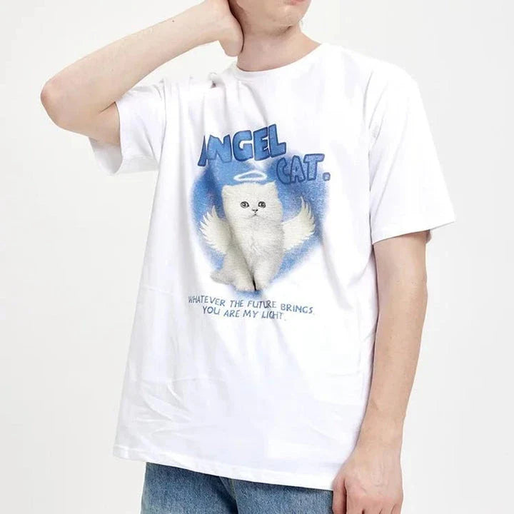 Stylish Angel Cat Graphic Cotton T-Shirt in White, featuring a trendy angel cat print design