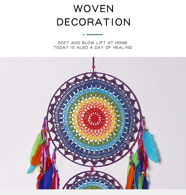Colourful three-ring dreamcatcher wall hanging with feathers and beads, a unique and eye-catching home decor accent