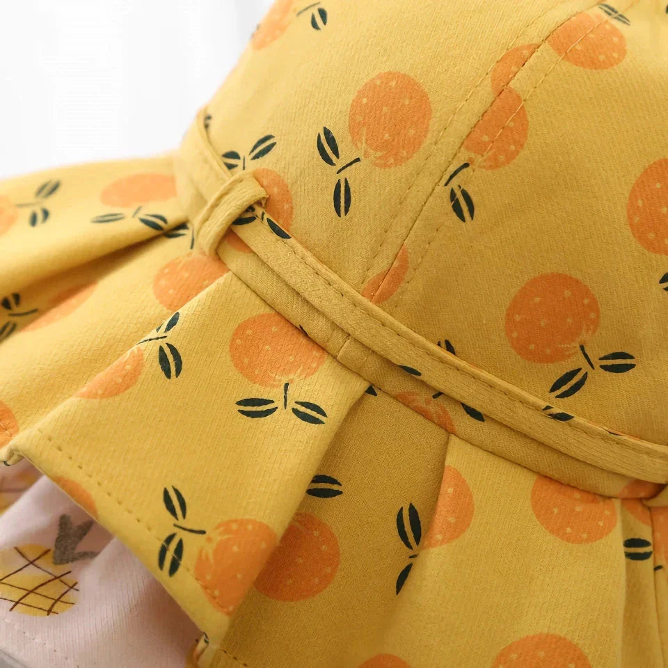 Adjustable white cotton sun protection bucket hat with cartoon pattern for children