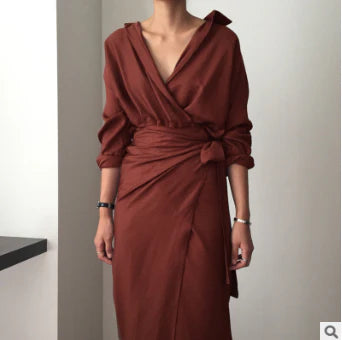Irregular wrap dress in beige with a unique, contemporary design and premium cotton blend fabric