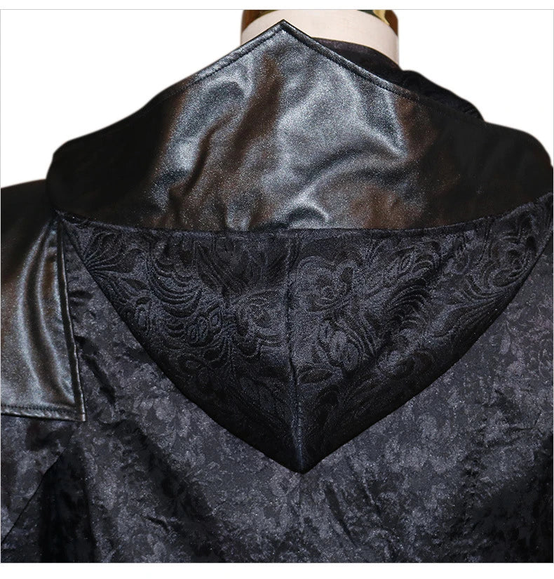 Black stand collar leather gothic cape coat with a flowing, dramatic silhouette