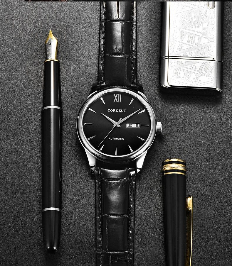 A sophisticated automatic mechanical watch with a gold/white or gold/black face, stainless steel case, and genuine leather strap