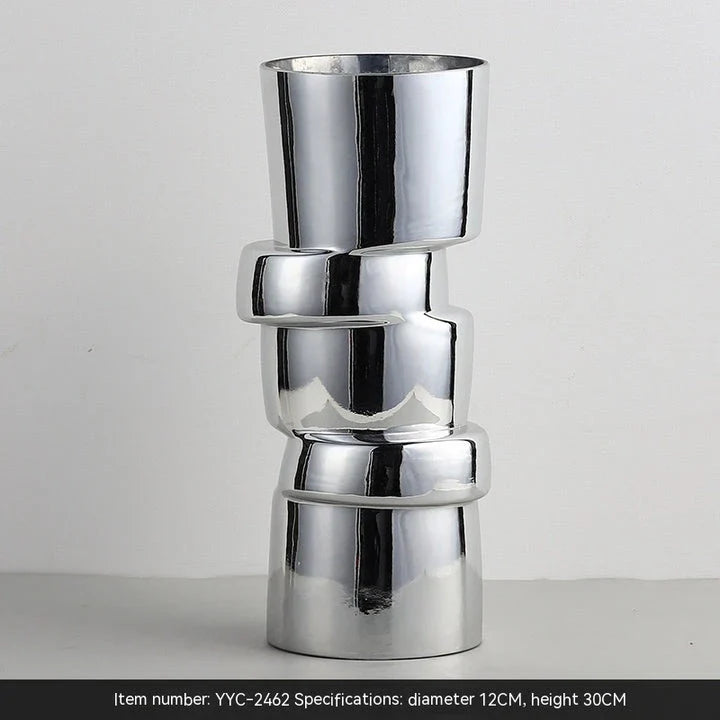 Electroplated silver glass vase with a modern, geometric design for home decor