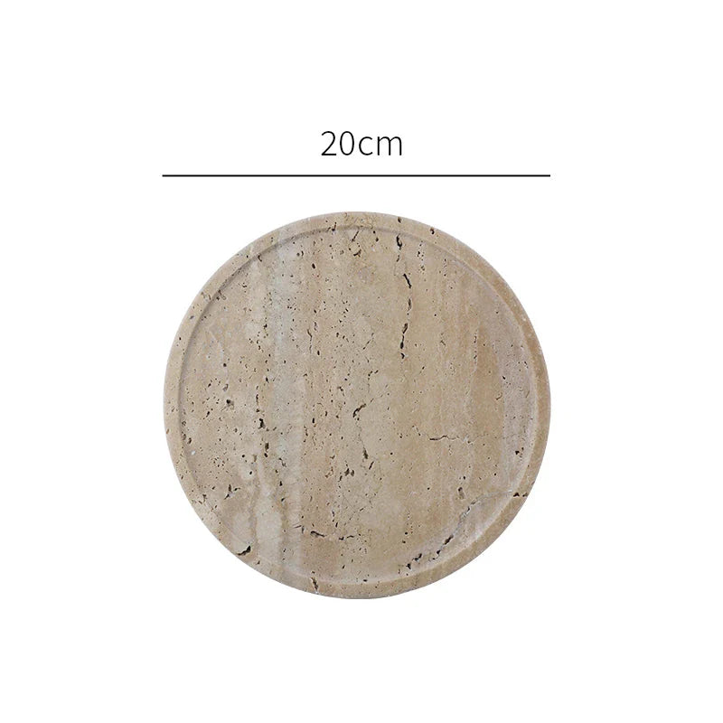 Handcrafted beige travertine marble tray with polished finish, versatile for use in vanity, kitchen, and around the home