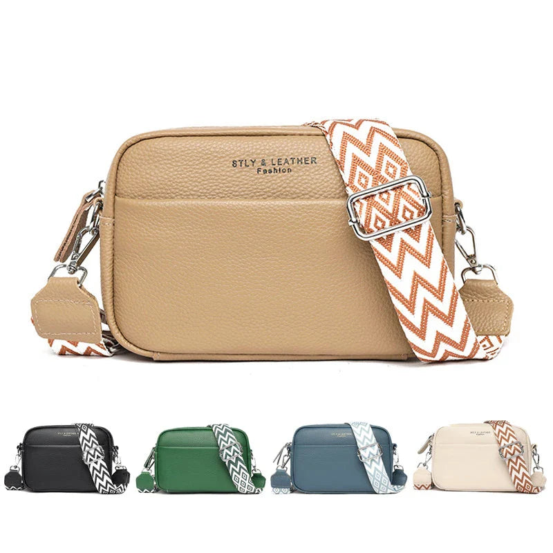Stylish leather crossbody bag with embroidered strap in various colours
