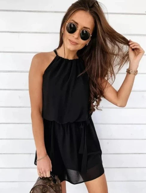 Chiffon beach dress with hanging neckline in black and light purple colours