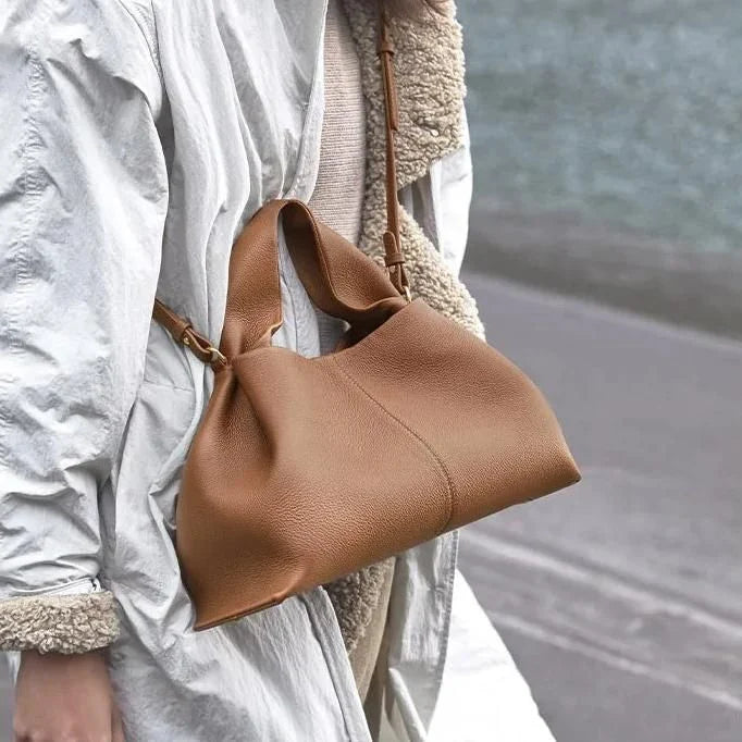 Sophisticated ruched pleated PU leather tote bag in beige, grey, and black colours