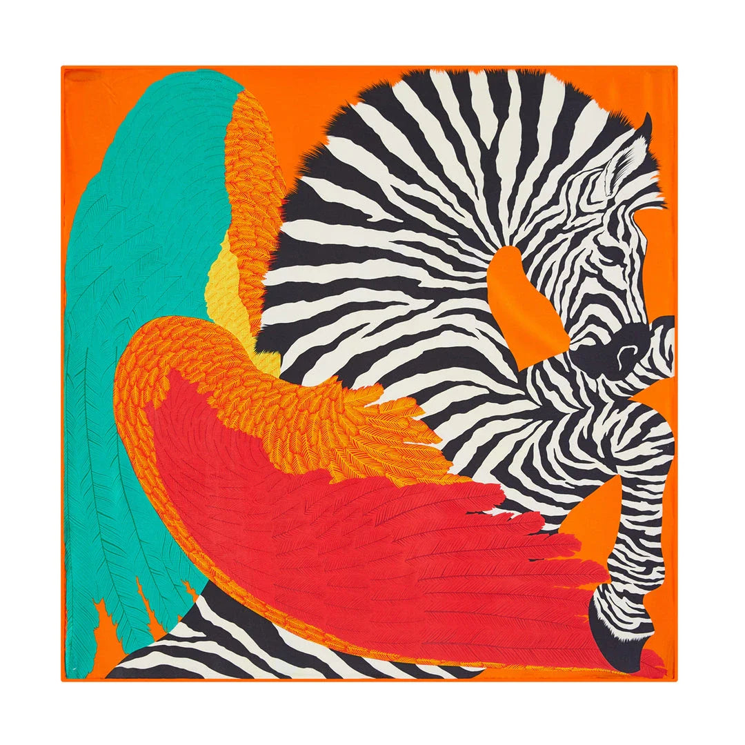 Luxurious 90cm silk square scarf with a winged horse design, perfect for any occasion