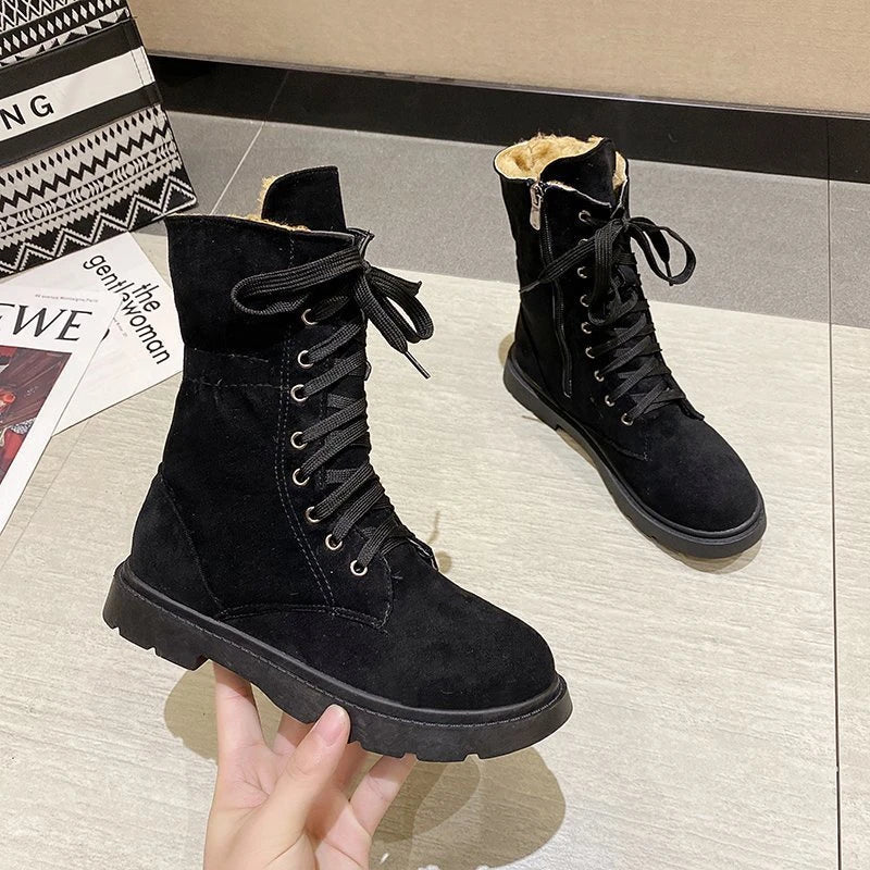 Stylish British retro thick boots for women with round toe and rubber sole
