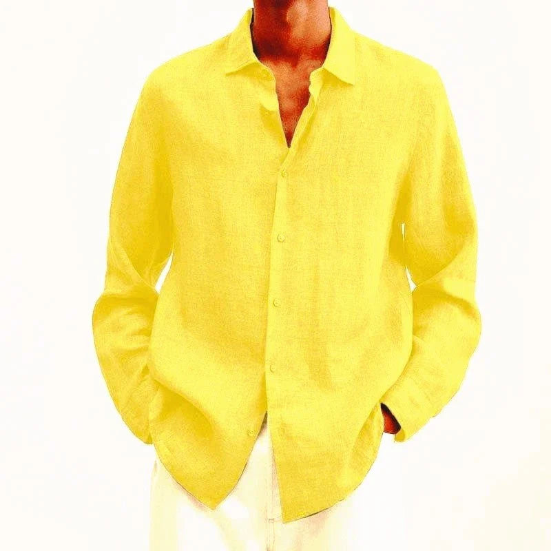 Stylish men's oversized button-up cardigan shirt in a classic solid colour, featuring a relaxed fit and sophisticated lapel collar design.