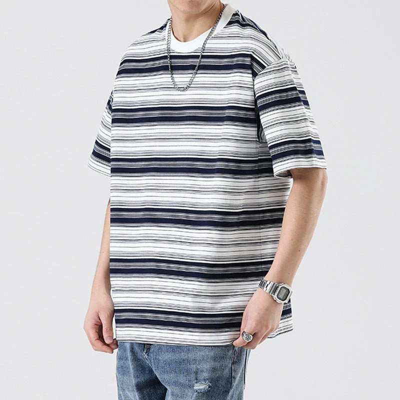 Retro contrast color striped teen t-shirt in navy blue, perfect for casual summer looks