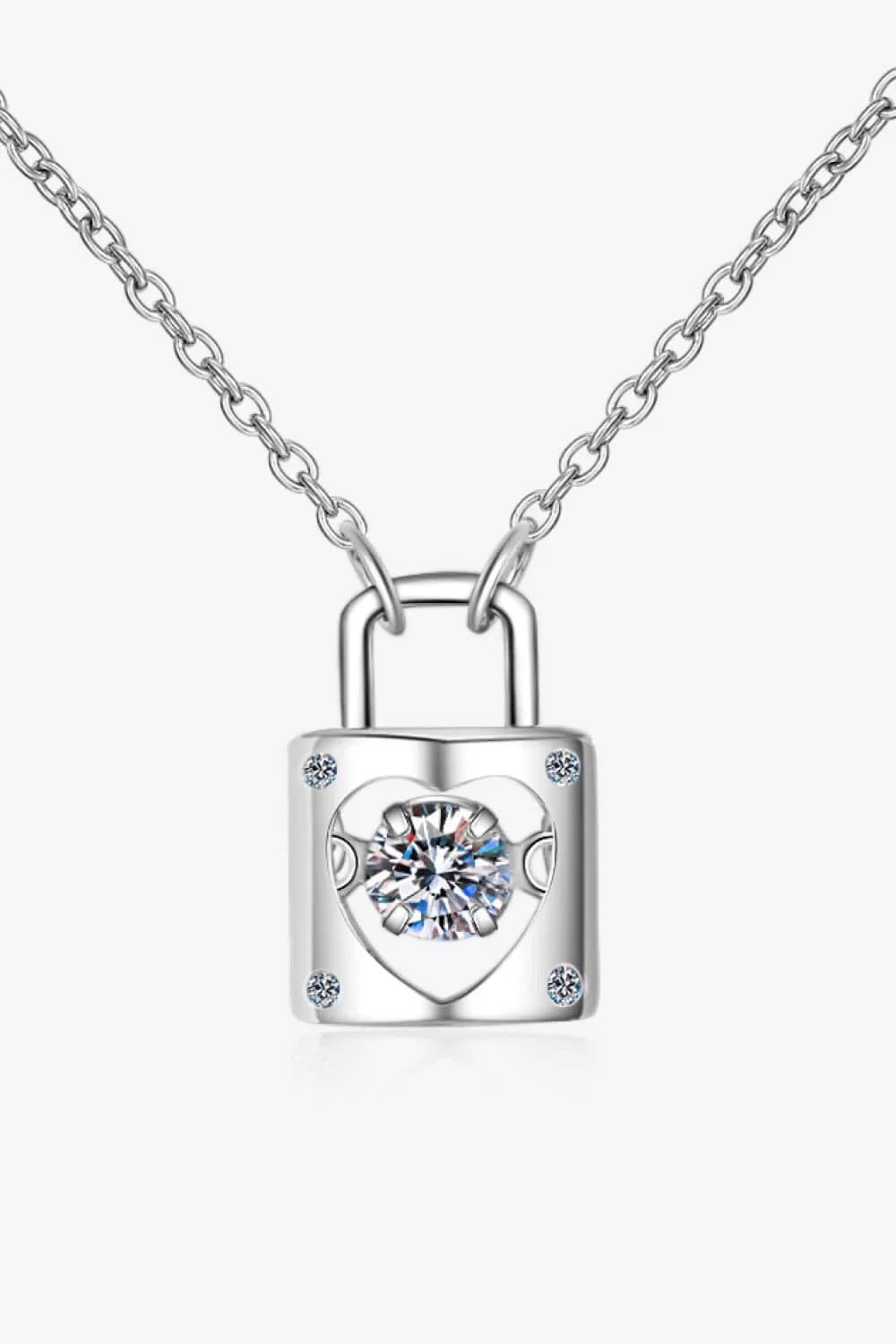 Elegant sterling silver moissanite lock pendant necklace with a minimalist, modern design