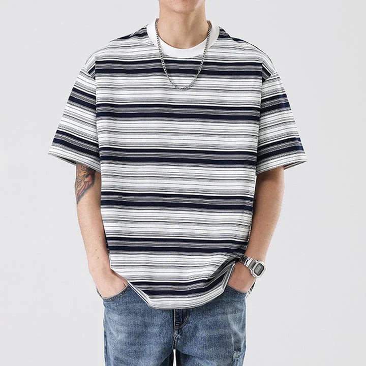 Retro contrast color striped teen t-shirt in navy blue, perfect for casual summer looks