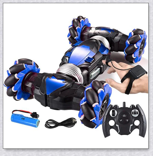 Remote control stunt car with 360-degree rotation, flips, and built-in colourful lights and music for exciting playtime
