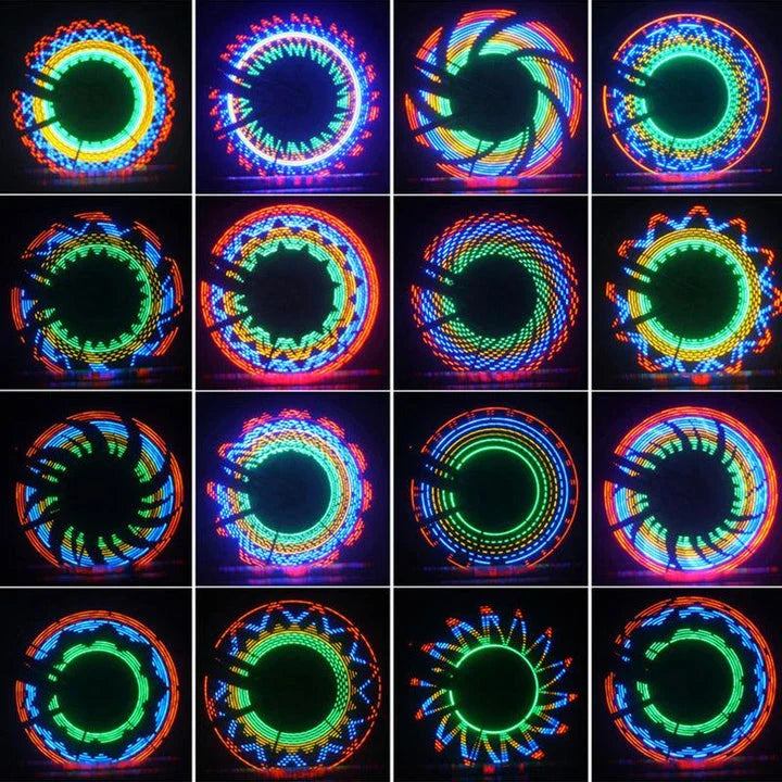 Bicycle Wheel Flashing Light with 32 LED lights in red, blue, and green colours that create a mesmerizing light show