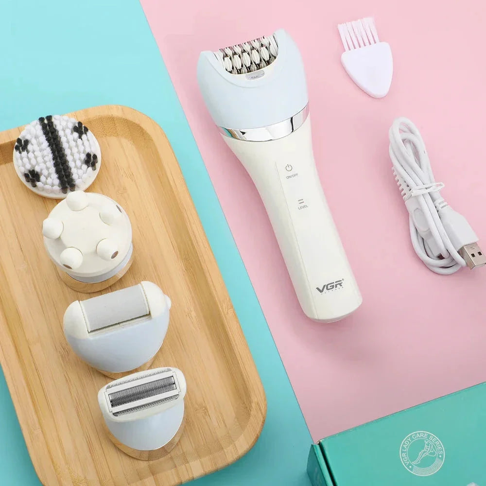 Premium 5-in-1 Rechargeable Electric Grooming Kit for Women with Interchangeable Heads, Waterproof Design, and Long-Lasting Battery