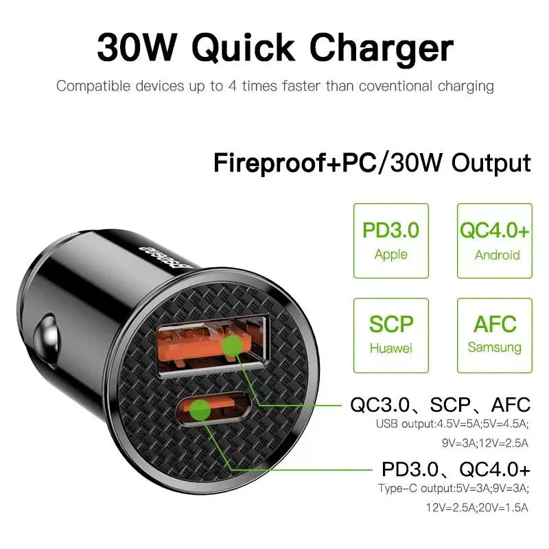 High-Performance 30W Dual-Port Fast Car Charger with USB and USB-C ports for lightning-fast charging on the go
