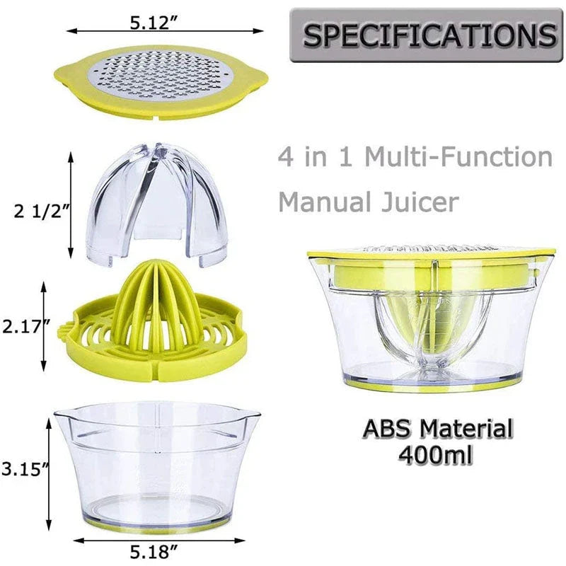 A manual citrus juicer with a built-in measuring cup, grater, and egg separator for versatile kitchen tasks