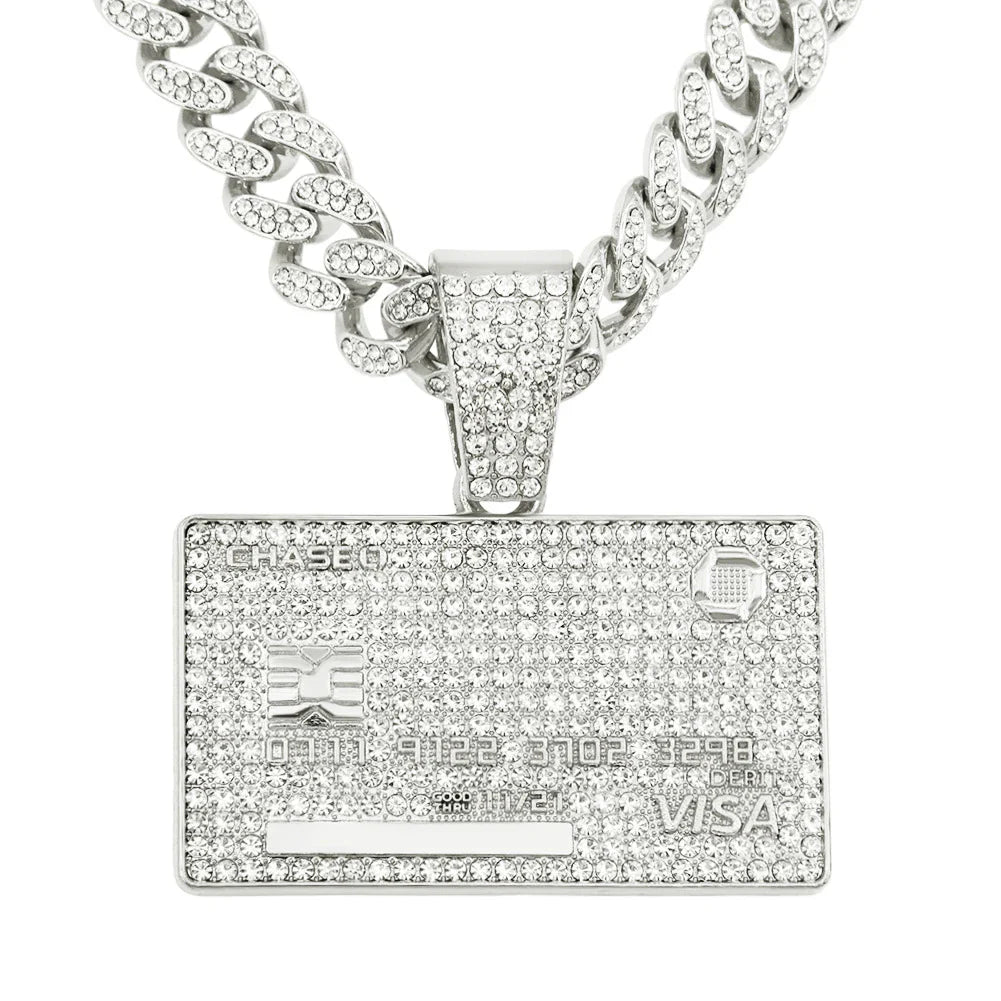 Men's Cuban Link Necklace with Geometric Hexagon Pendant and Subtle Diamond Inlay