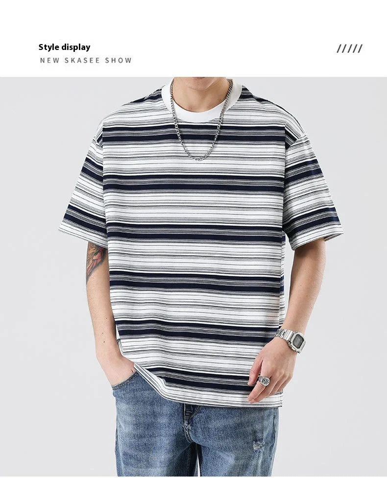 Retro contrast color striped teen t-shirt in navy blue, perfect for casual summer looks
