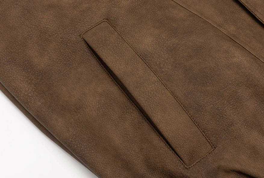 Premium vintage-inspired PU leather jacket in brown and grey colours, featuring a relaxed, tailored fit for the discerning British gentleman.