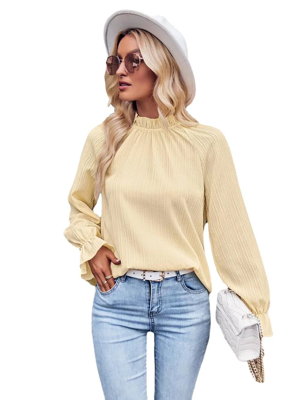 Ruffled collar long sleeve blouse in autumn colours, featuring a loose-fitting design and premium jacquard fabric