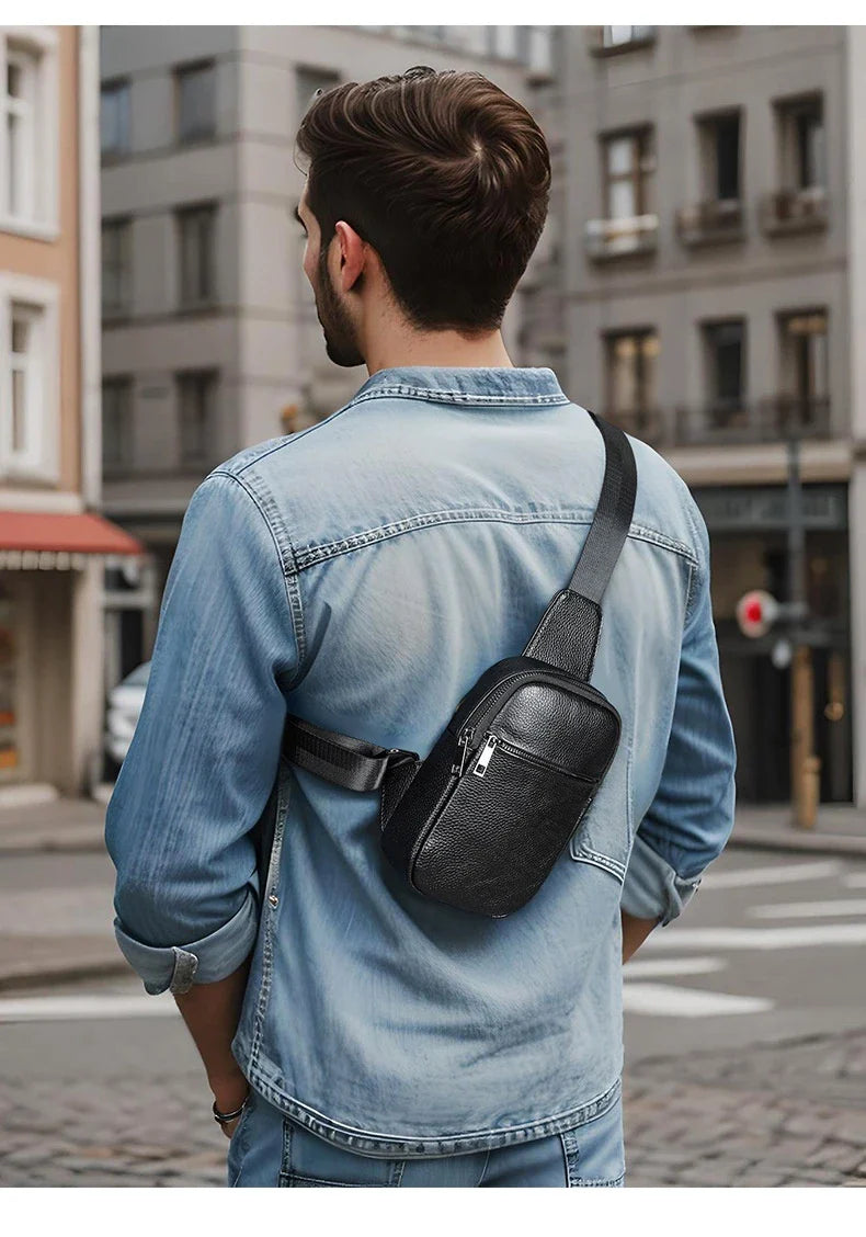 A premium genuine leather crossbody bag with an urban, minimalist design, perfect for everyday use and outdoor adventures.