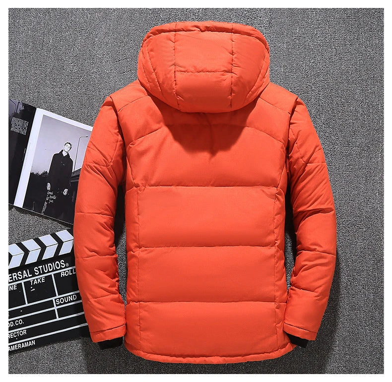 Men's premium white duck down insulated winter jacket with multiple pockets, adjustable hood and cuffs, designed for warmth and style.