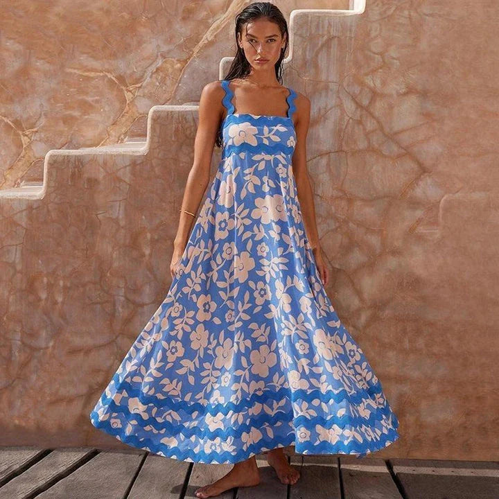 Luxurious dot print ankle-length dress with flounced edge, perfect for sophisticated style and all-day comfort.