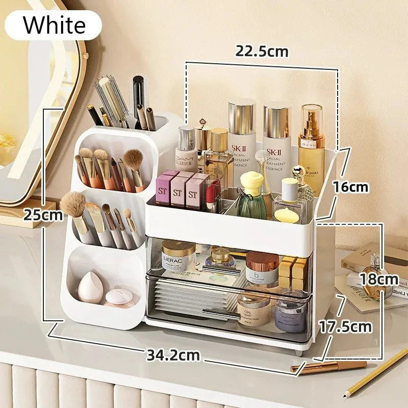 A large makeup organizer with a rotating brush holder and divided tray for storing cosmetics, skincare products, and beauty tools.