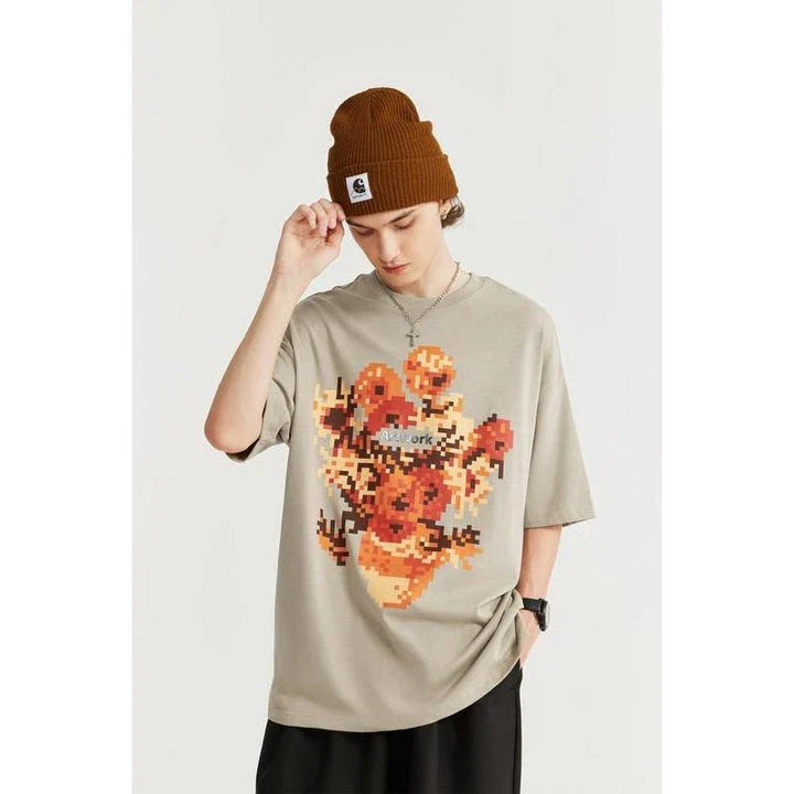 Trendy metallic sunflower print t-shirt in black and khaki colours, made from soft and breathable cotton fabric