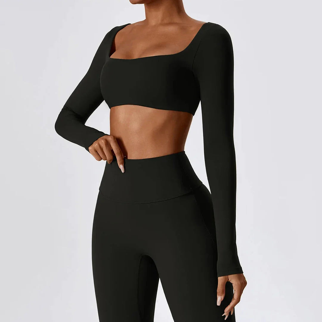 Stylish long sleeve crop top yoga shirt in green, designed for comfort and performance during workouts