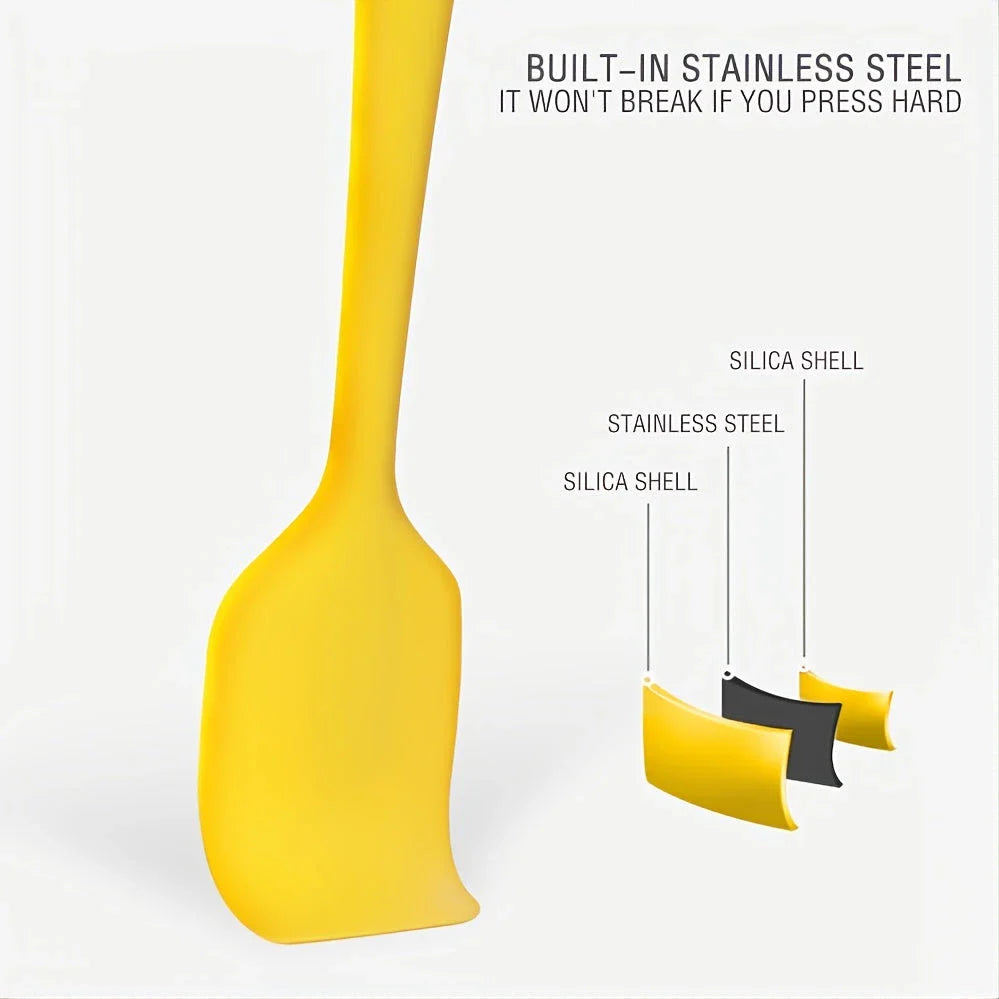 A set of two high-quality silicone spatulas in brown and yellow colours, designed for versatile cooking and baking tasks.