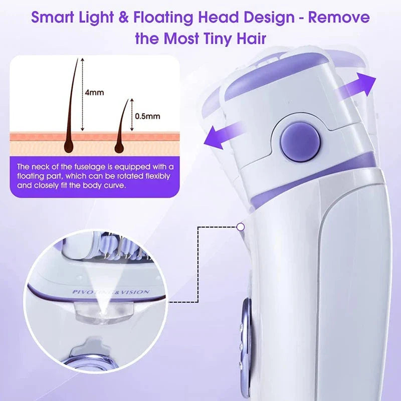 Premium 3-in-1 electric epilator and shaver for women with carbon steel blades, two speed settings, and built-in LED light for smooth, hair-free skin