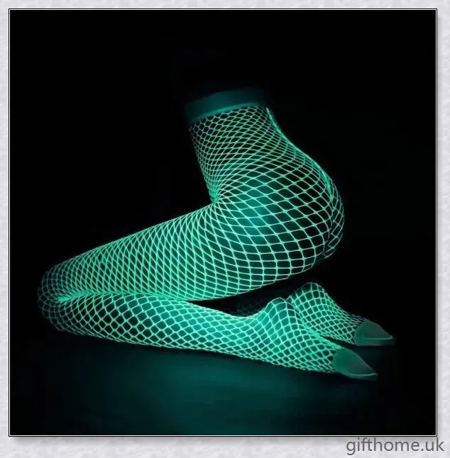 Pair of radiant fishnet stockings emitting a luminous glow, perfect for parties and festivals